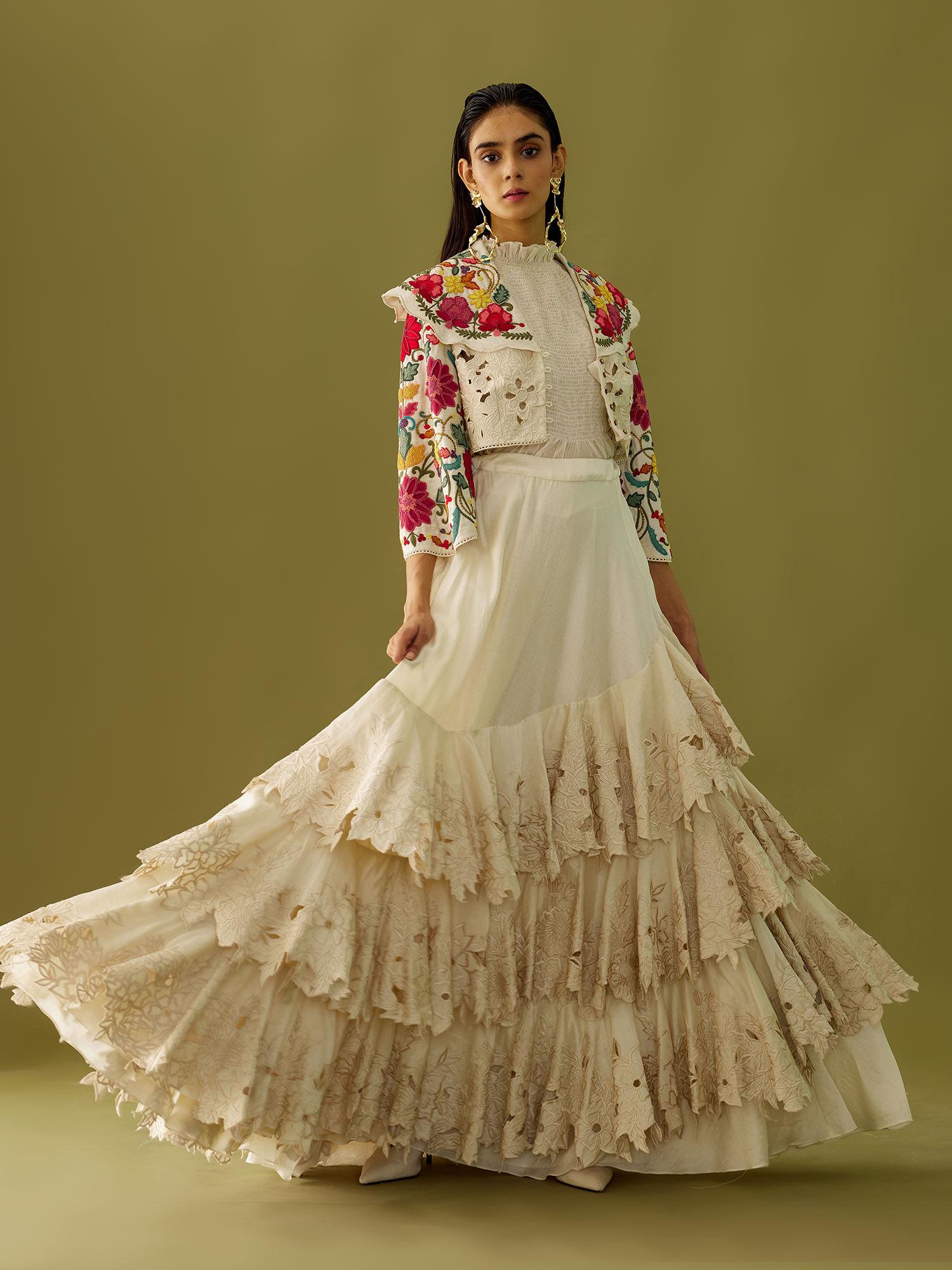 ivory cutwork ruffled skirt