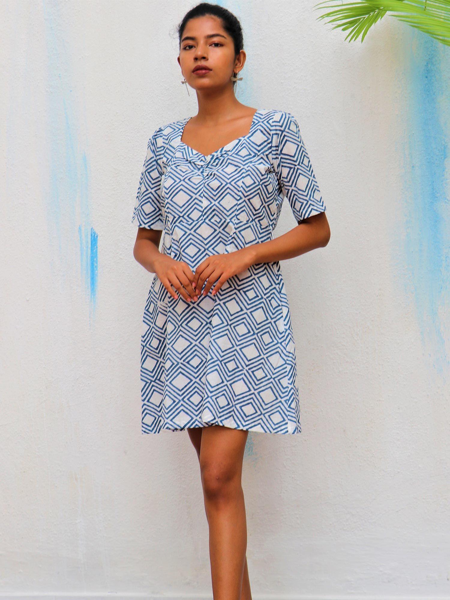 ivory diamond block printed cotton dress - wic (s)