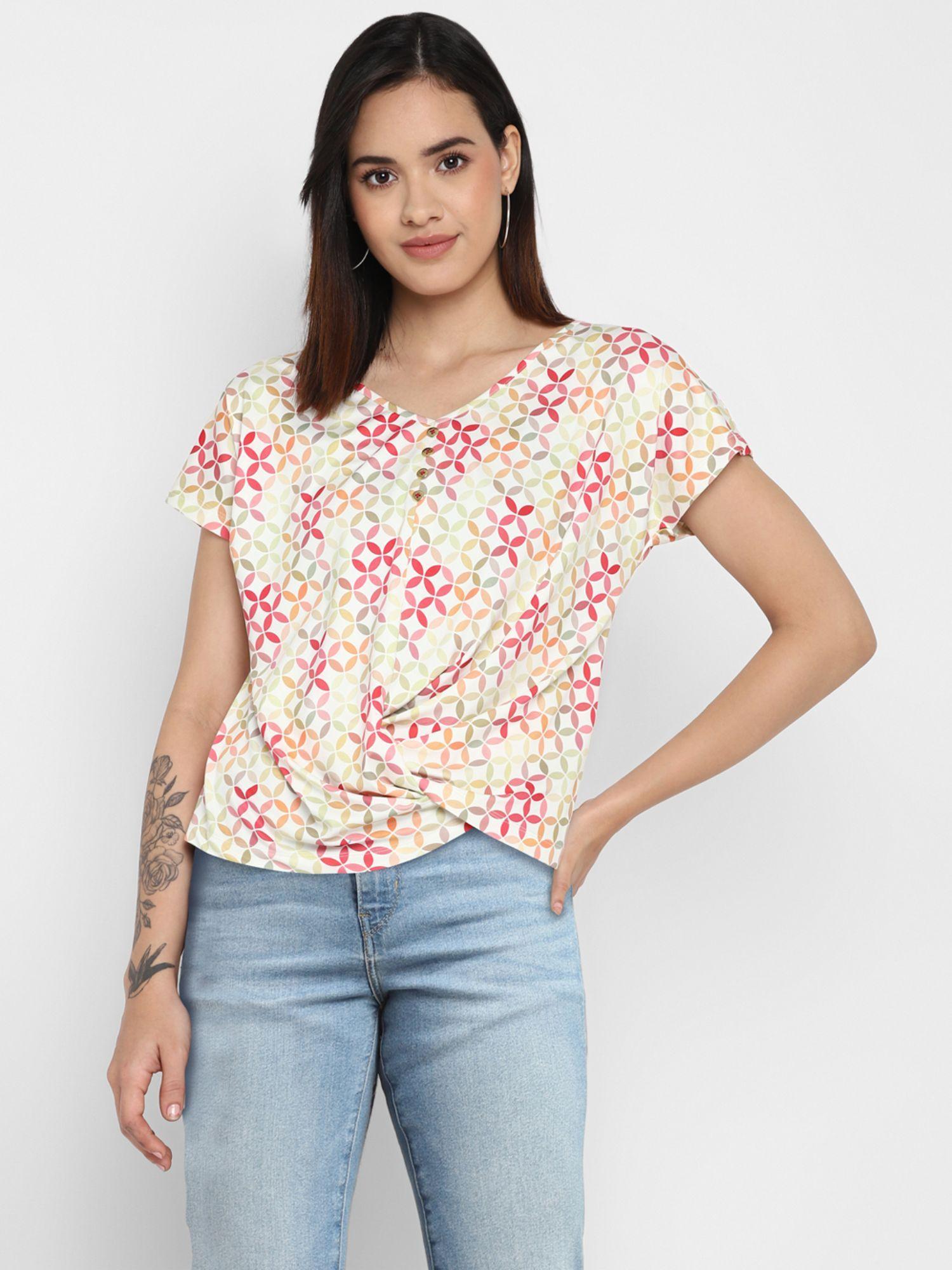 ivory digital printed lycra knit top for women