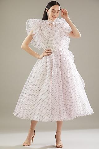 ivory dotted organza wrapped midi dress