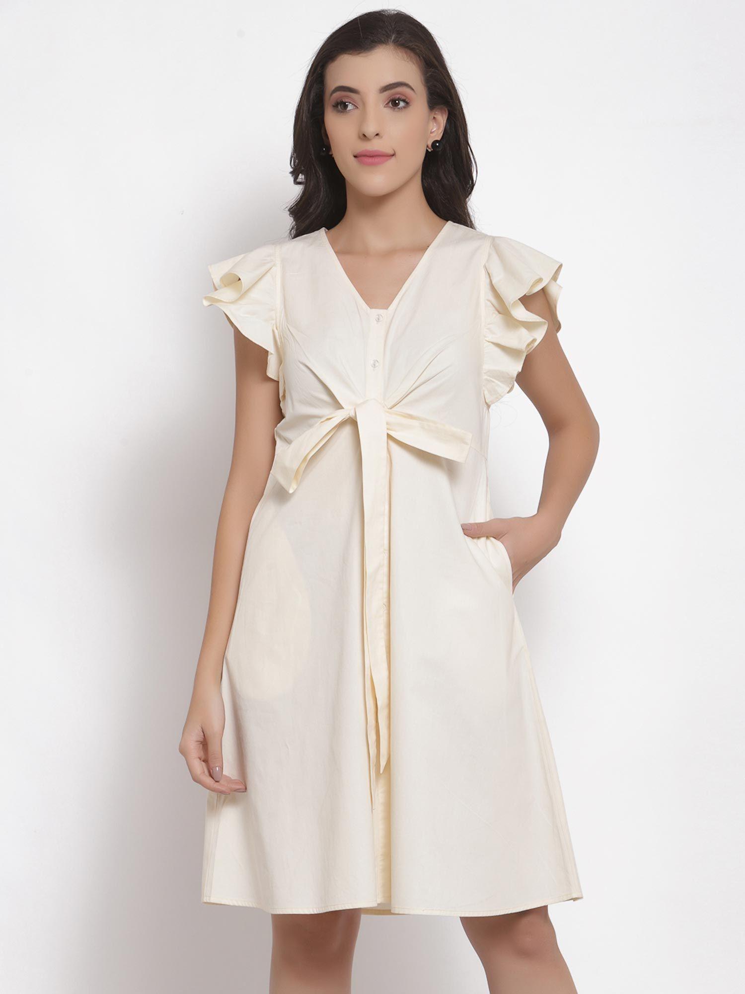 ivory down ruffle sleeve dress