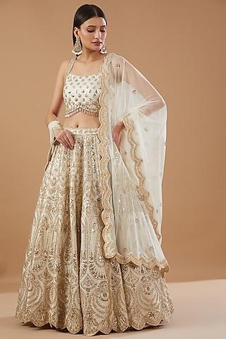 ivory dupion raw silk embroidered lehenga set