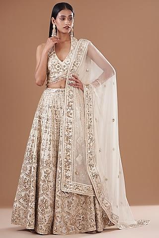 ivory dupion raw silk embroidered lehenga set