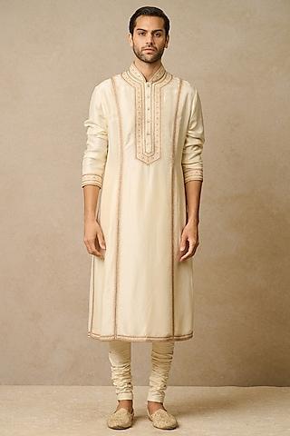 ivory dupion silk & poplin embroidered kurta set