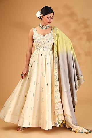 ivory dupion silk resham embroidered anarkali set