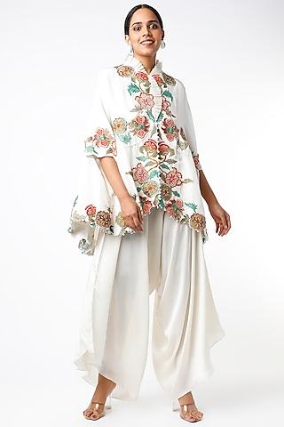 ivory dupion silk ruffled cape set