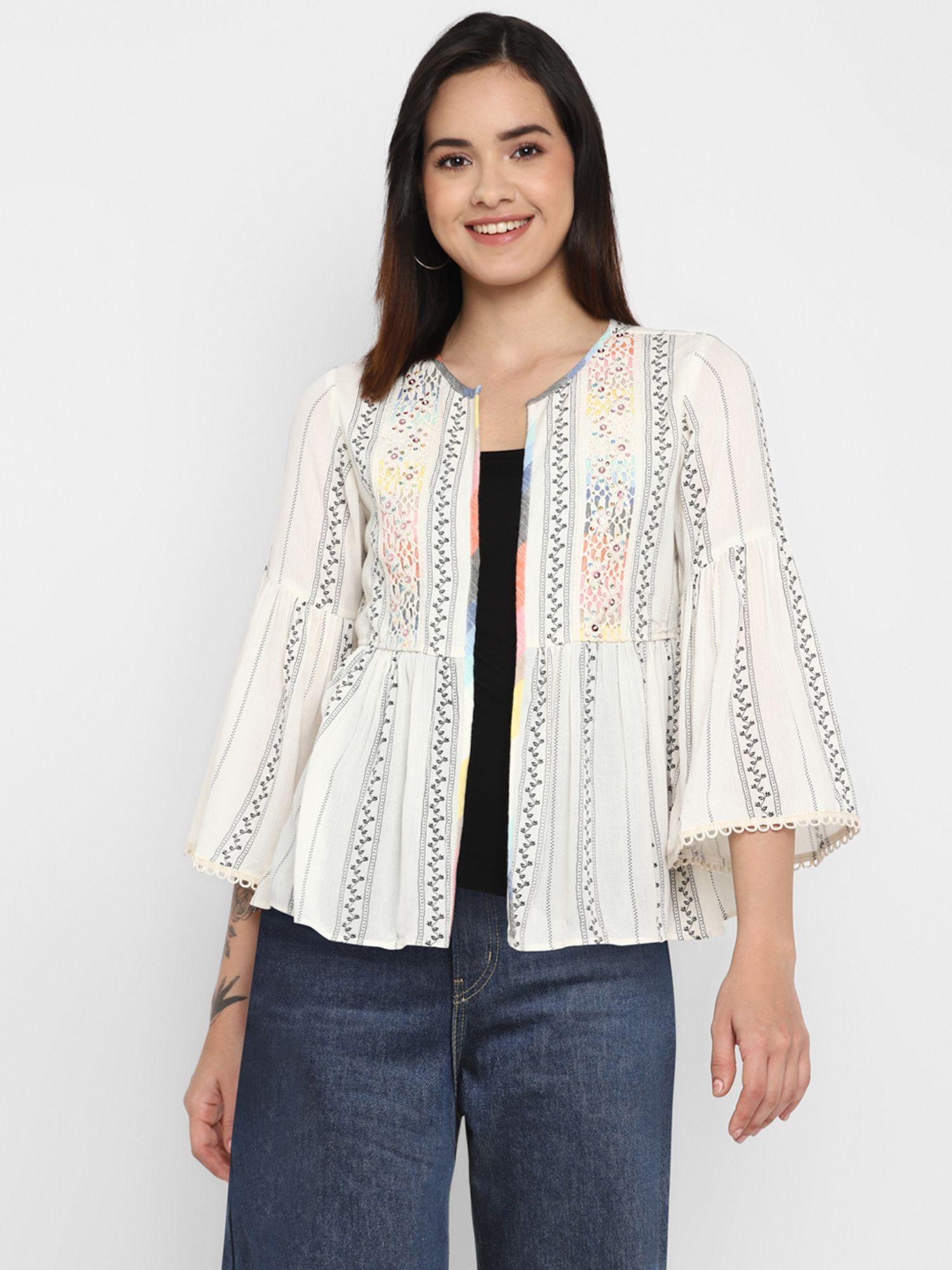 ivory embellished rayon crepe jacket for women