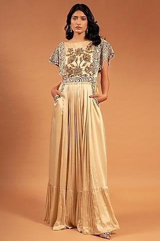 ivory embroidered & printed a-line dress