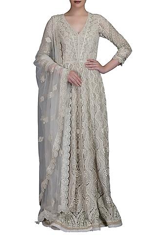 ivory embroidered anarkali with jacket & dupatta