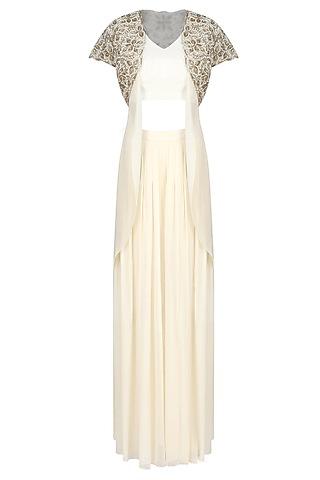 ivory embroidered bolero with drape top and ivory pleated trousers