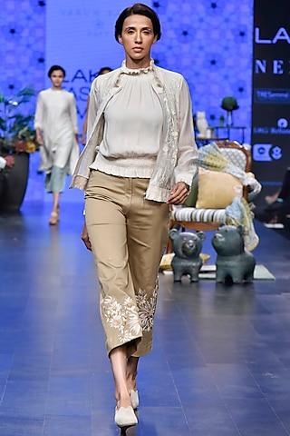 ivory embroidered bomber jacket with top & beige pants