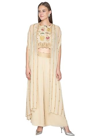 ivory embroidered crop top with pants & cape