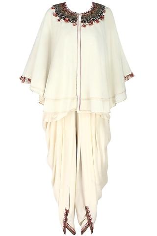 ivory embroidered double layer cape with cowl dhoti and cami top