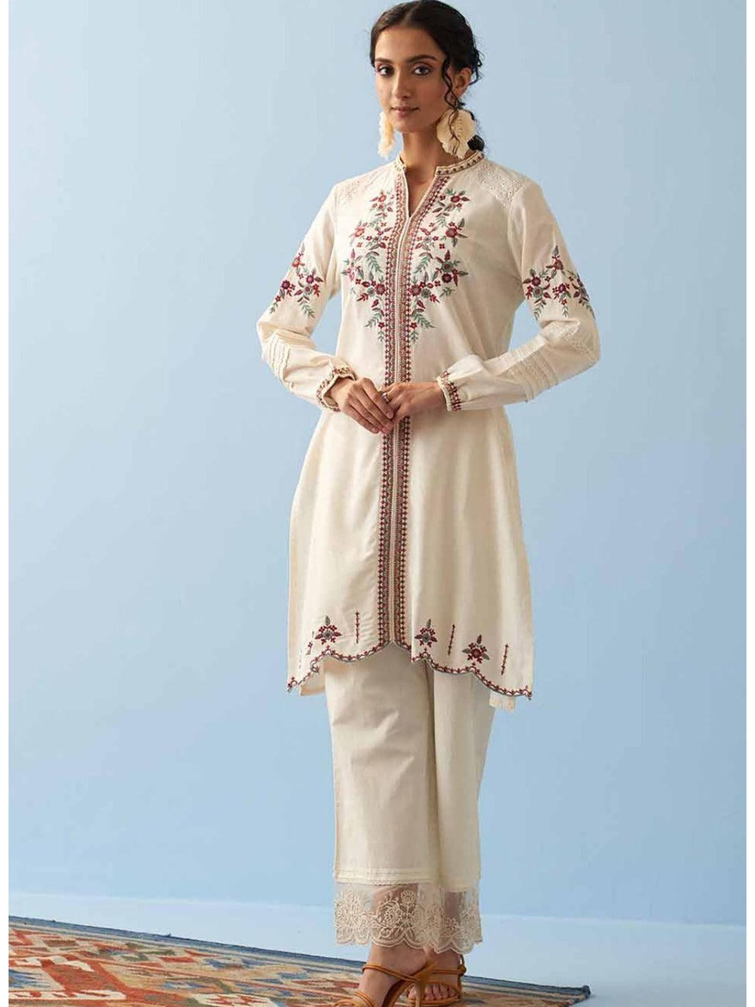 ivory embroidered kurta for women with full sleeves