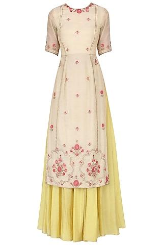 ivory embroidered kurta with olive gold skirt