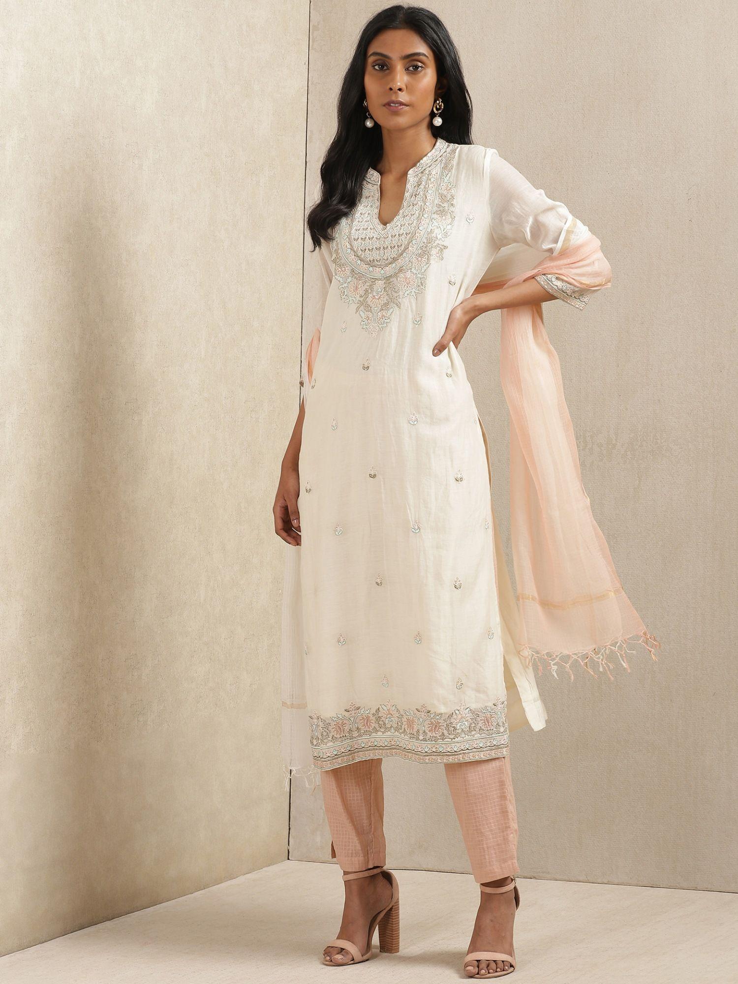 ivory embroidered kurta with pant and dupatta (set of 3)