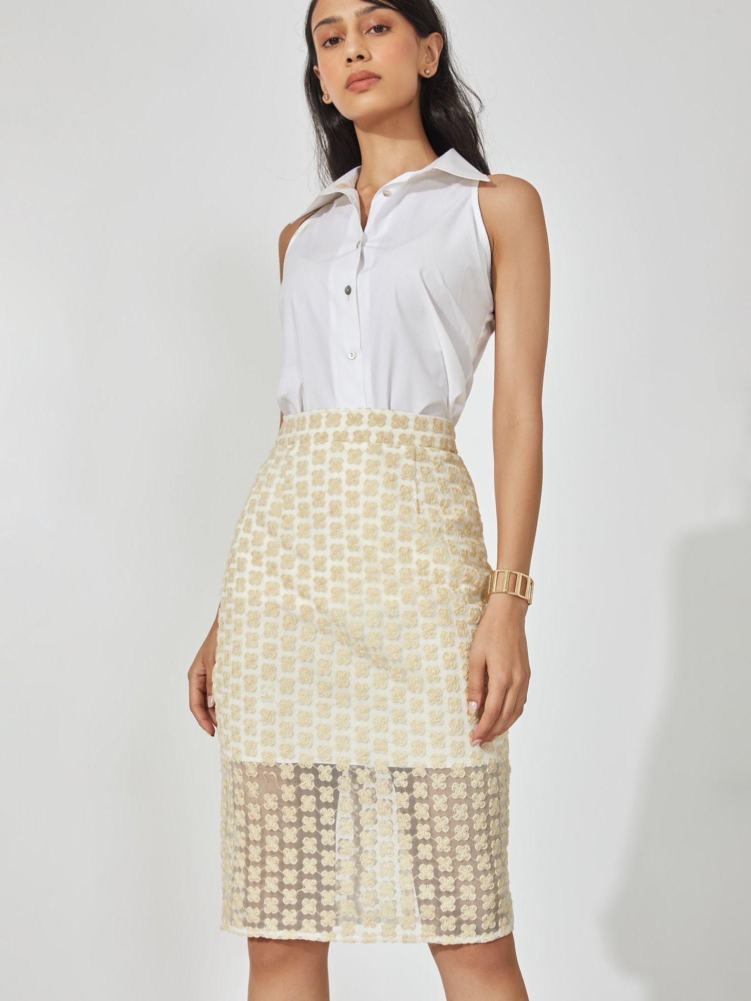 ivory embroidered midi skirt