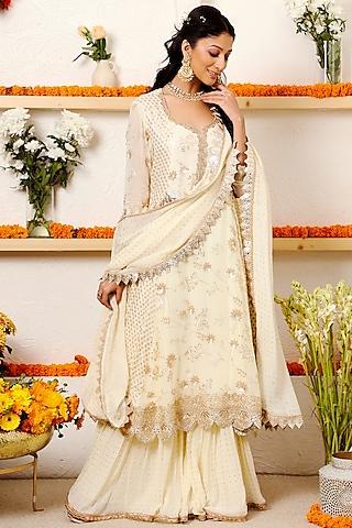 ivory embroidered paneled anarkali set