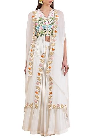 ivory embroidered peplum blouse with skirt & cape