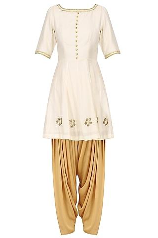 ivory embroidered peplum kurta with dhoti salwar set