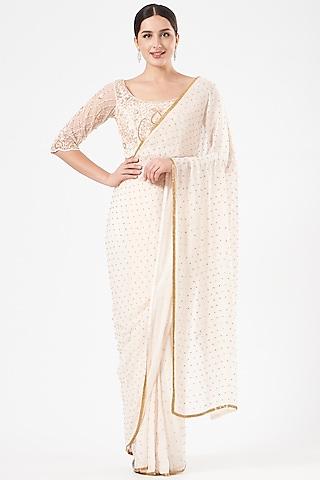 ivory embroidered pre-draped saree set