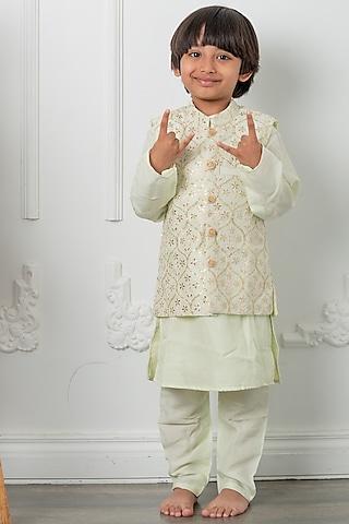 ivory embroidered silk nehru jacket set for boys