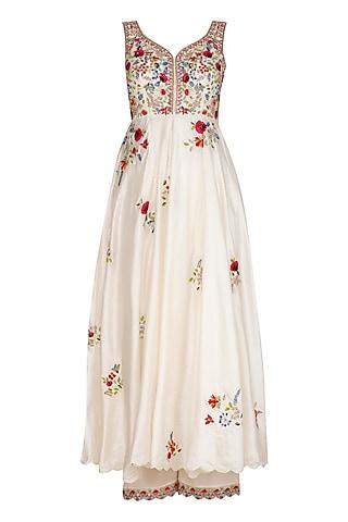 ivory embroidered striped anarkali set