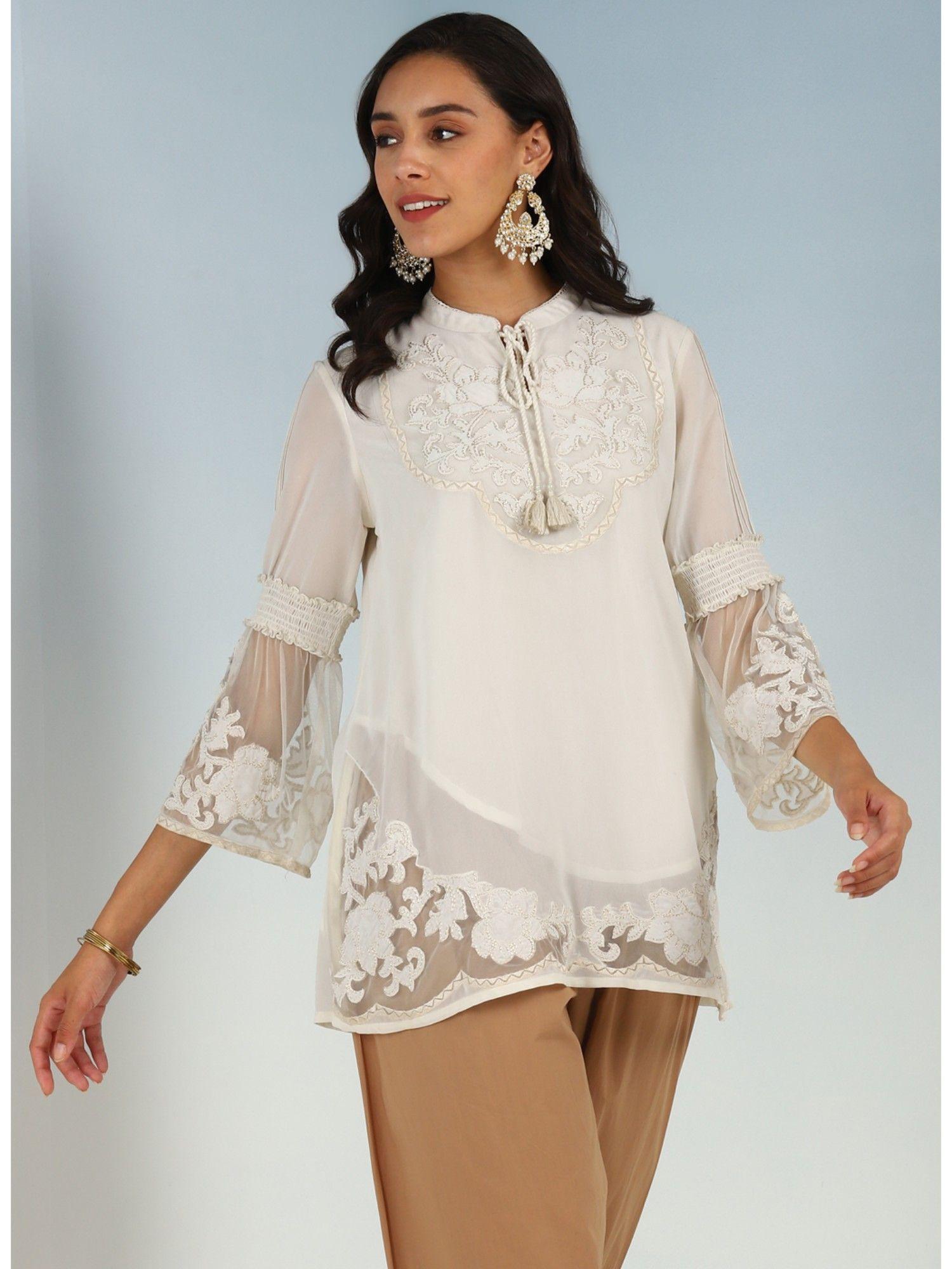 ivory embroidered tunic for women with lace inserts