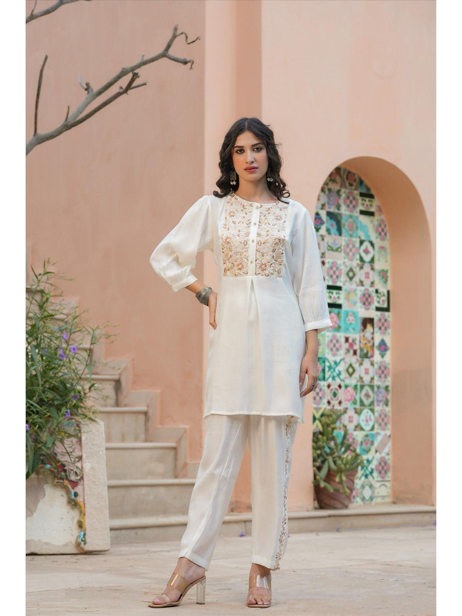 ivory embroidered tunic with trousers co-ord (set of 2)