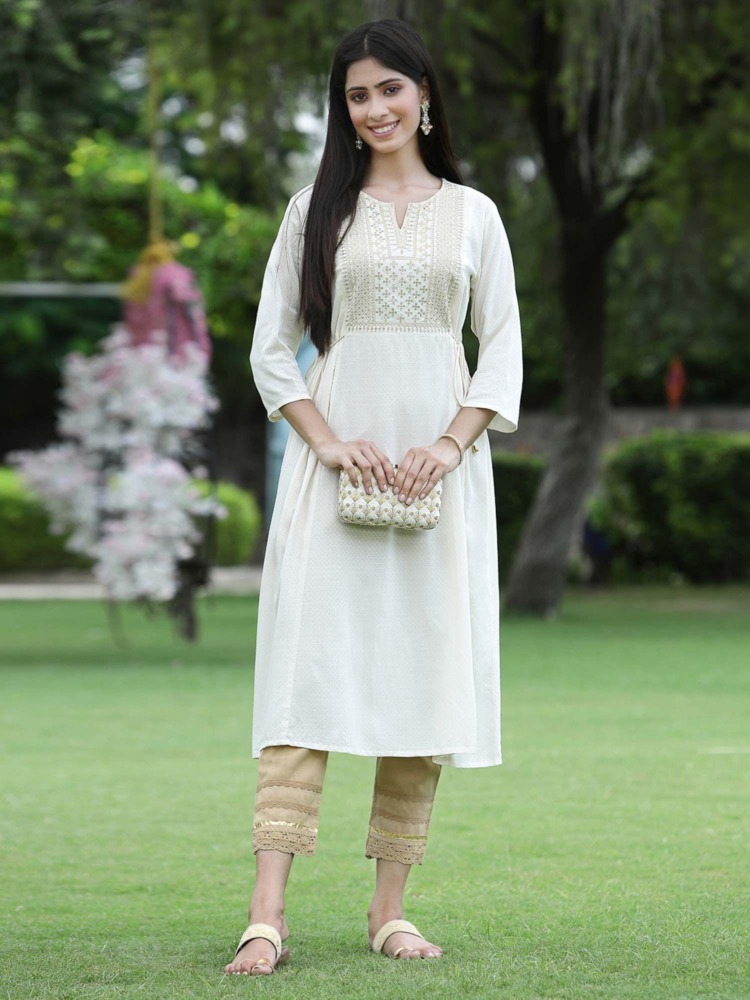 ivory ethnic motif printed rayon flared kurta with zari work embroidery