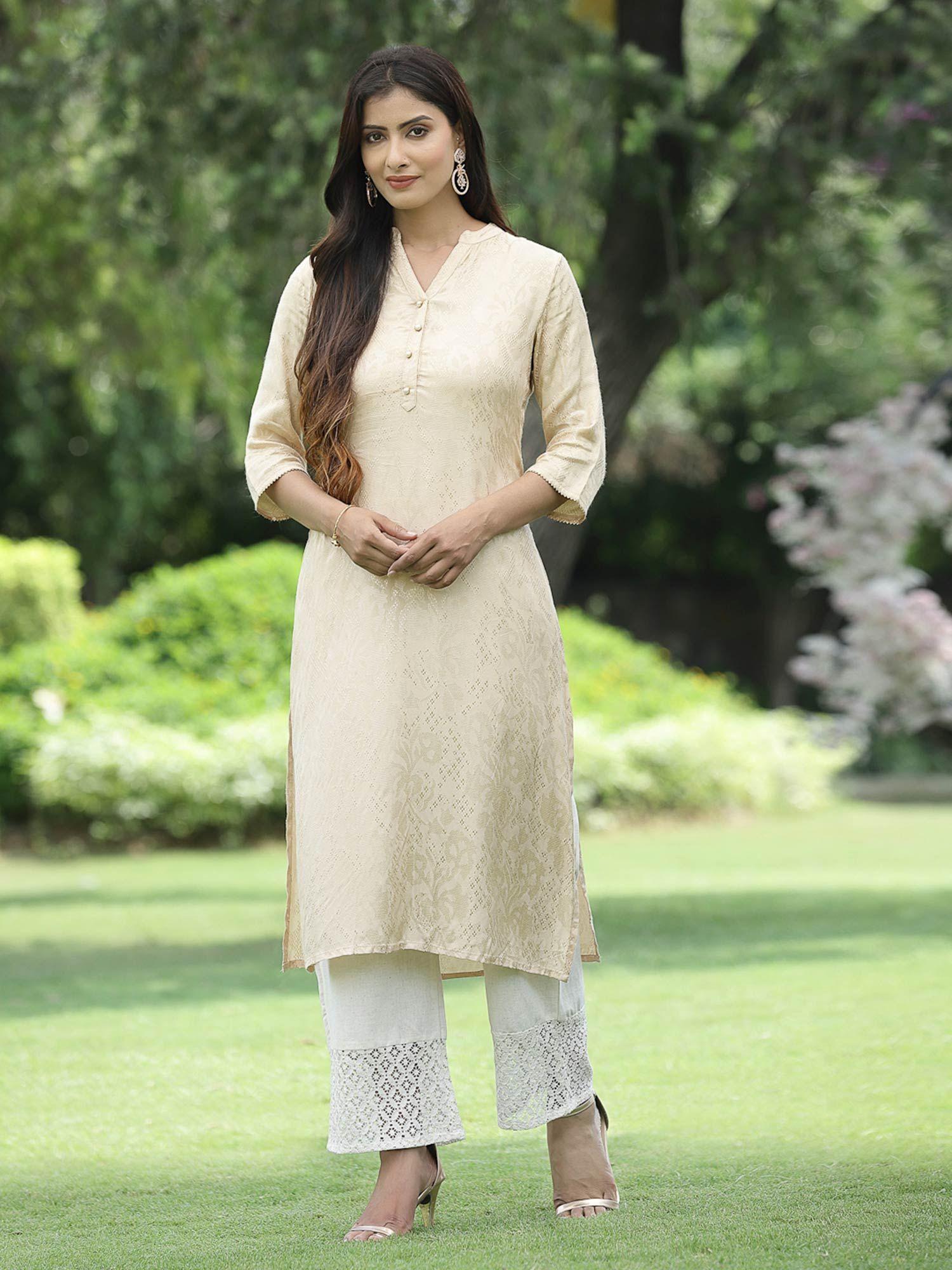 ivory ethnic motif printed rayon jacquard kurta