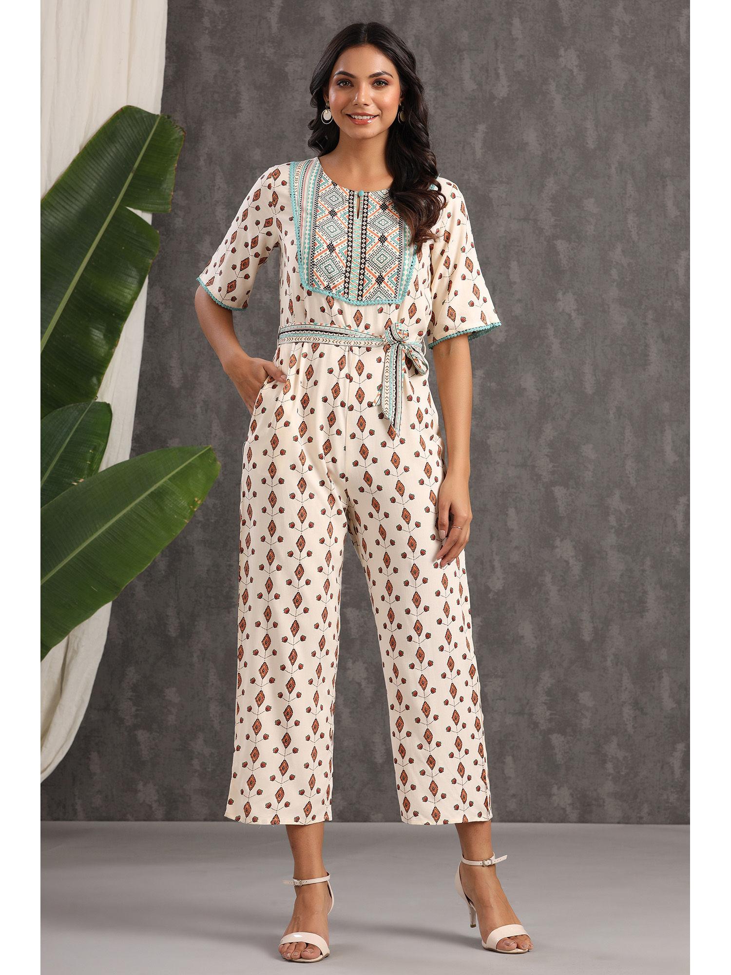 ivory ethnic motif printed rayon jumpsuit with zip