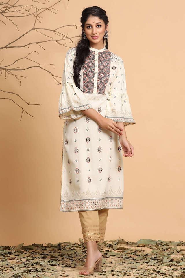 ivory ethnic motif printed rayon kurta with dupatta set