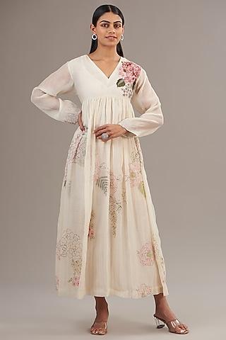ivory fine chanderi floral embroidered flared maxi dress