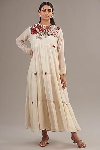 ivory fine chanderi floral embroidered tiered maxi dress