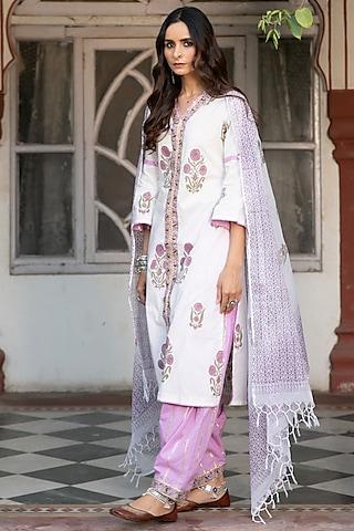 ivory fine cotton & mul block printed kurta set