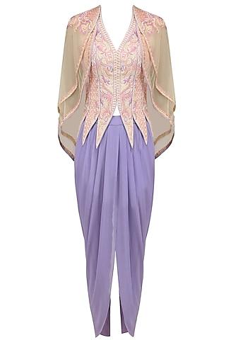 ivory flora conical jacket with double layered cape and lilac dhoti pants