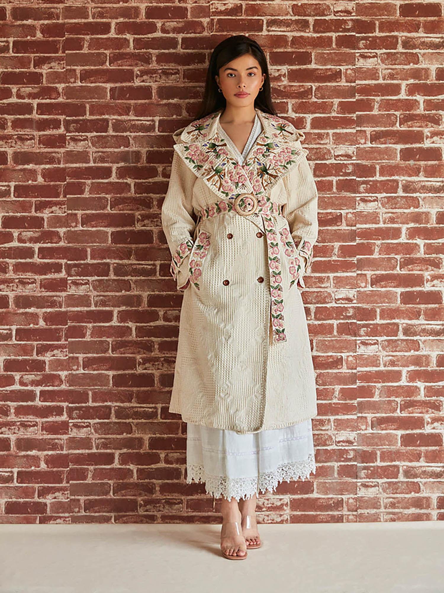 ivory floral and bird embroidered trench coat