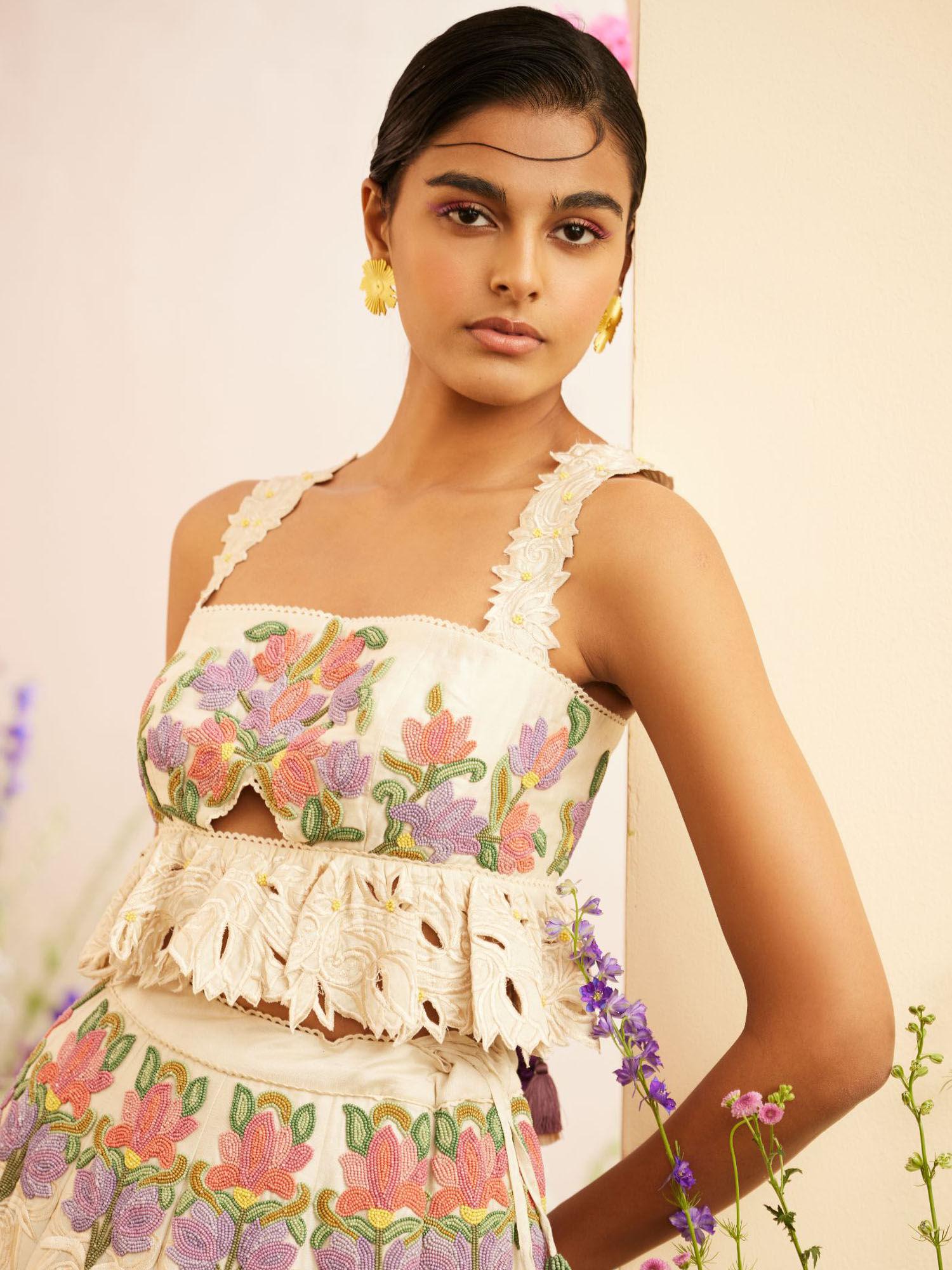 ivory floral beadwork crop top