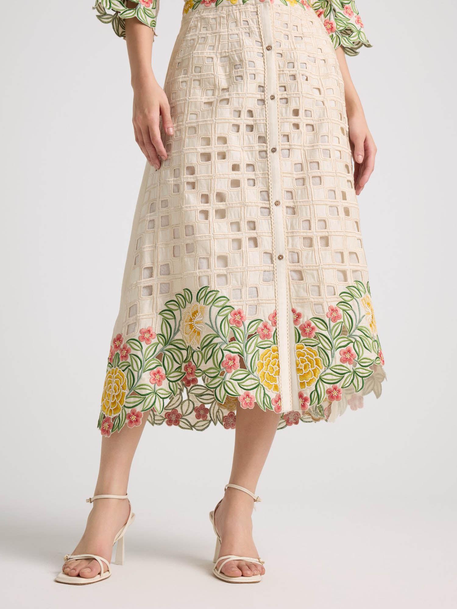 ivory floral checkered cutwork button-down skirt