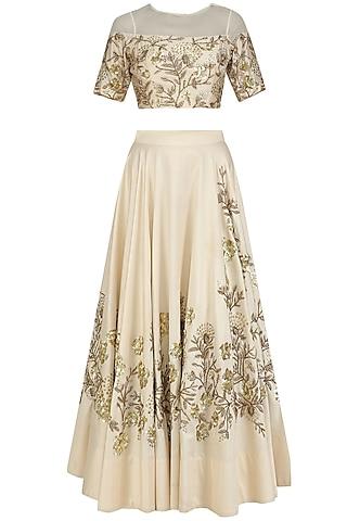 ivory floral embroidered crop top with french cut sequins lehenga skirt