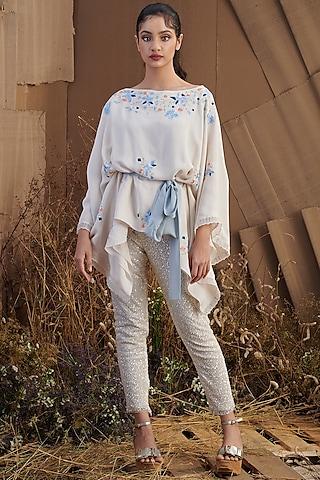 ivory floral embroidered kaftan top with belt