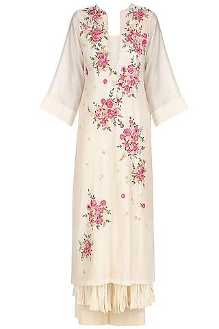 ivory floral embroidered long dress, anarkali and palazzo pants set