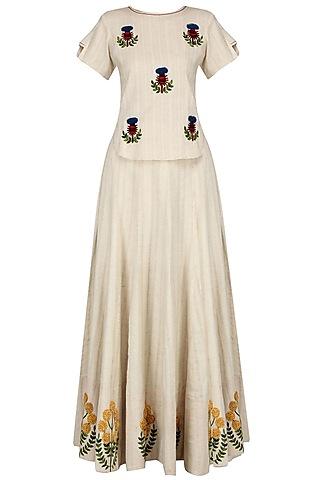 ivory floral embroidered pleated maxi skirt and top set