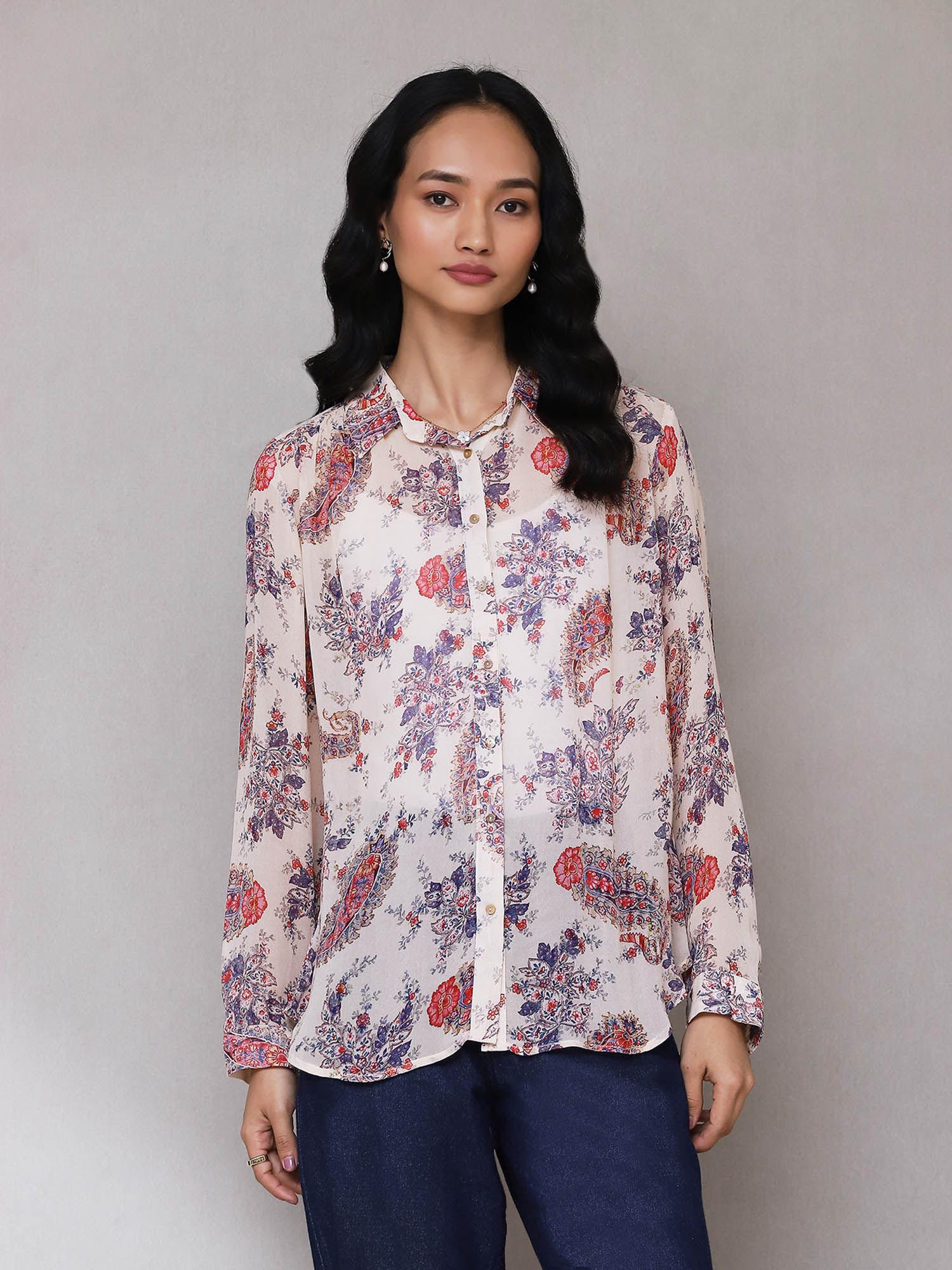 ivory floral print shirt with camisole (set of 2)