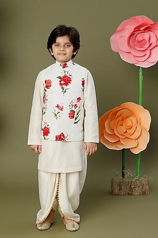ivory floral printed bundi jacket for boys