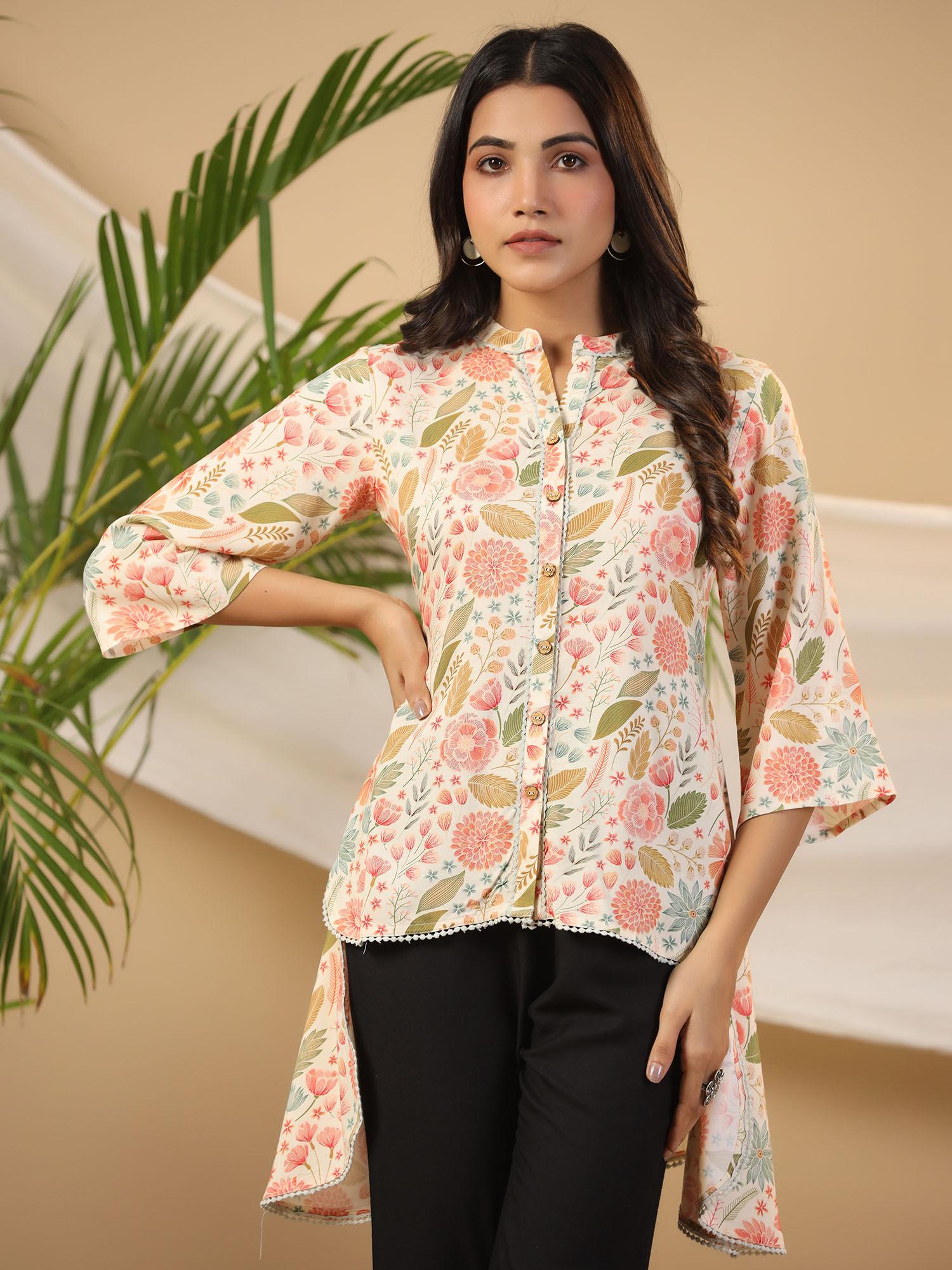 ivory floral printed rayon high-low tunic with lace work