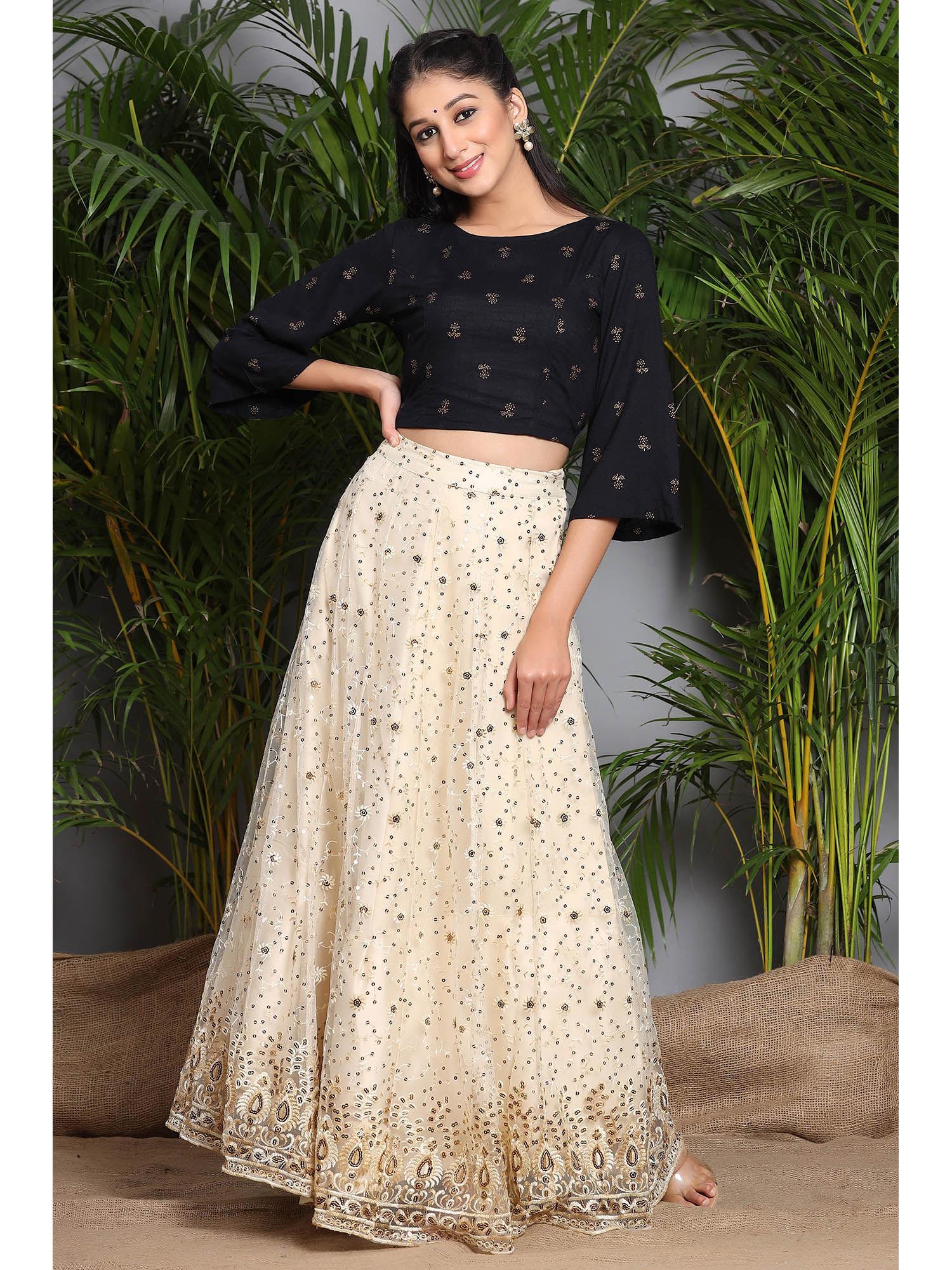 ivory floral printed rayon slub lehenga choli set with sequins embellishments