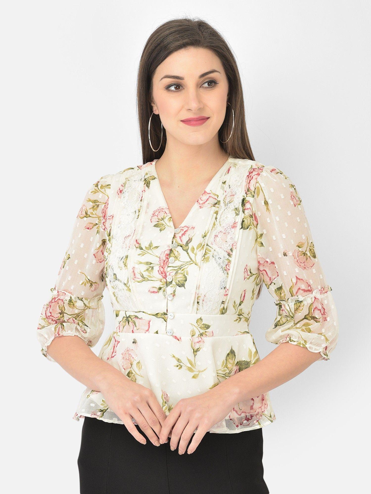 ivory floral printed v-neck with three fourth sleeves peplum top