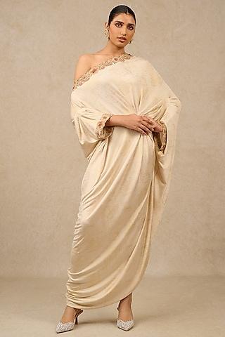 ivory foil jersey gara embroidered asymmetric dress